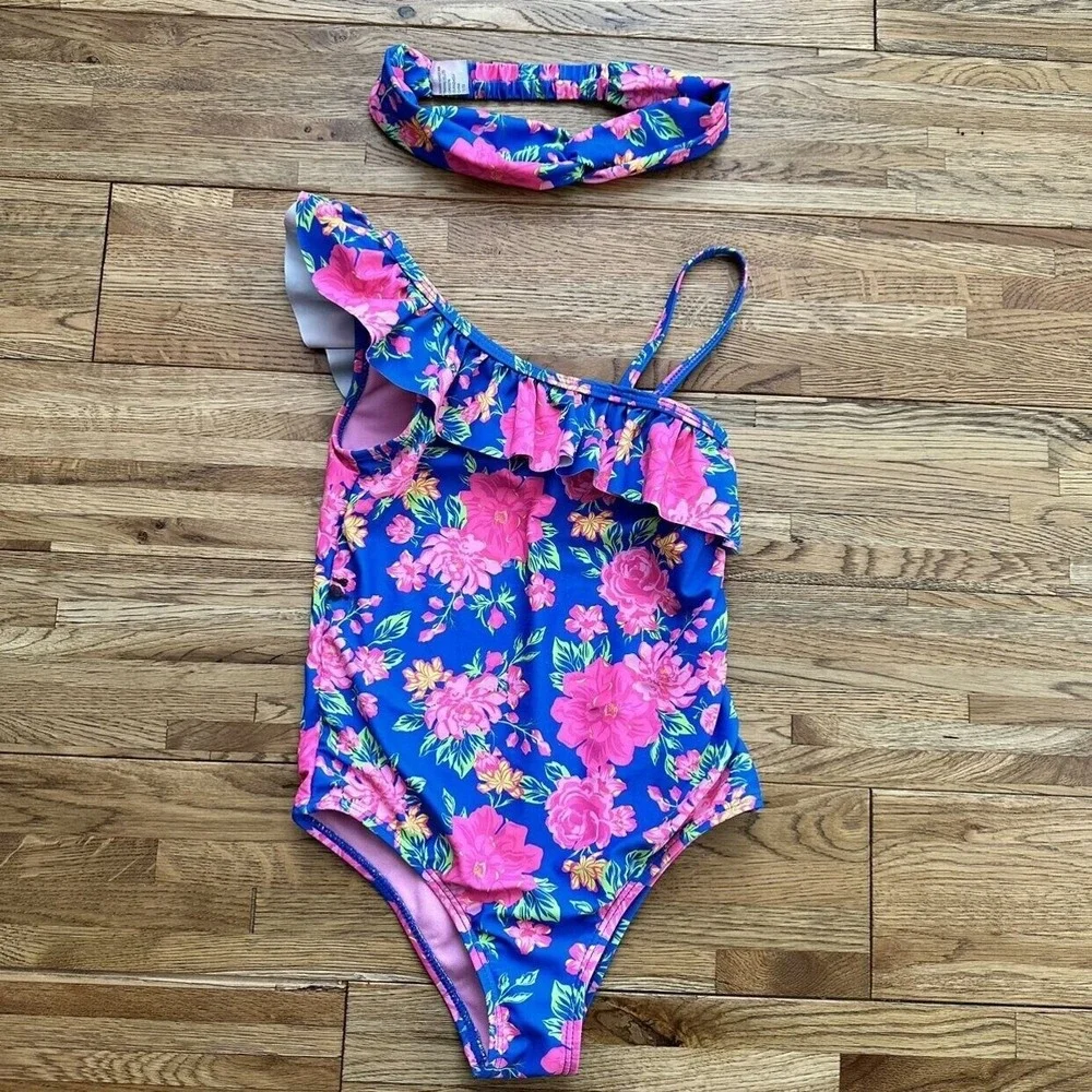Catherine Malandrino‎ Girls Floral Printed One-piece Swimsuit With Headband Size